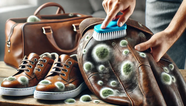 close-up of a person cleaning mold from a leather jacket. The leather has visible mold spots, and the person is using a soft brush to gently remove the mold.