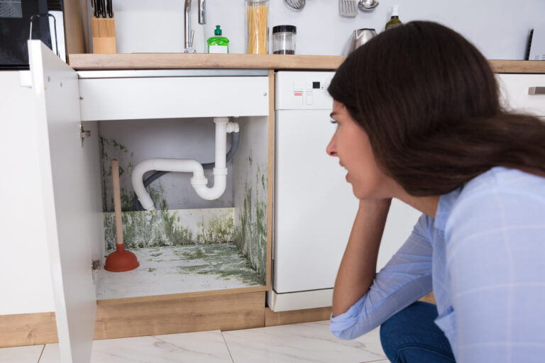 a woman looking worriedly mold under sink cabnet