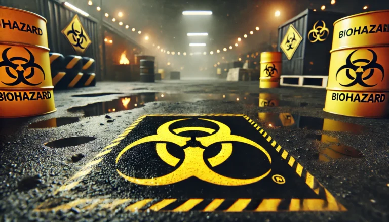 A bold biohazard symbol in black and yellow, placed prominently on a slightly blurred background depicting a hazardous environment.