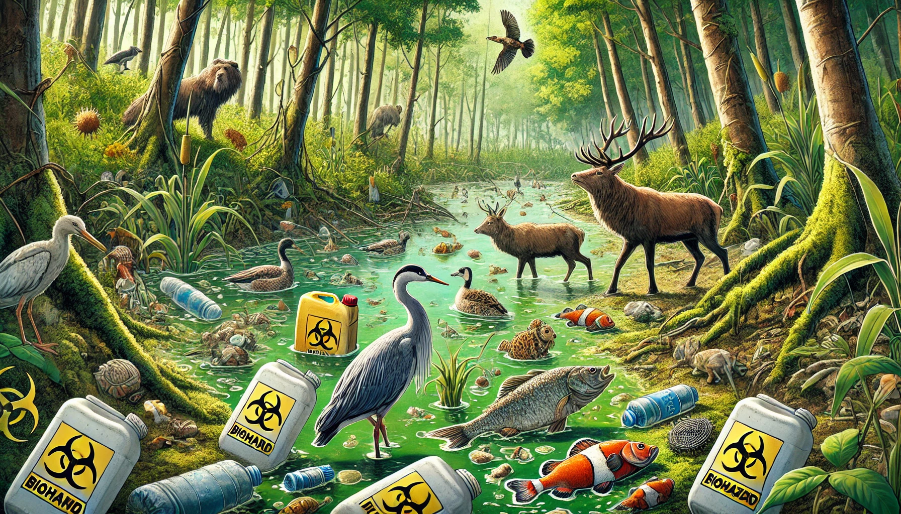 A forest or wetland with visible biohazard waste affecting wildlife. Animals like birds, fish, or deer appear sick or struggling due to contamination. The environment shows polluted water, dead plants, and scattered hazardous waste, symbolizing the negative impact of biohazard waste on ecosystems.