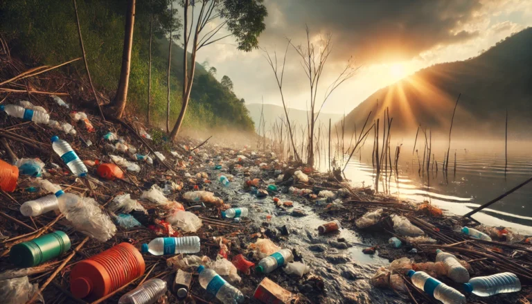 A polluted landscape with scattered waste, including industrial and plastic debris, near a contaminated water body. The environment looks damaged, with dead plants and a hazy sky, symbolizing the impact of pollution on nature. The image conveys environmental degradation due to improper waste disposal.