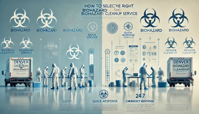 A professional and clean background with a subtle gradient from light blue to white, symbolizing safety and trust. Faint biohazard symbols are tastefully overlaid in the background. In the foreground, a team of professionals in protective gear (suits, gloves, masks) is working diligently in a controlled environment. A before-and-after visual is depicted: one side showing a contaminated area with hazardous materials, and the other side showing a clean, safe space. Bold, modern text overlay reads: 'How To Select The Right Biohazard Cleanup Service' with a subtext: 'Expert Tips for Safety and Peace of Mind'. The Denver Decon logo is prominently placed in one corner. Icons representing safety (shield), quick response (clock), and certifications (checklist) are subtly included. A '24/7 Emergency Service' badge or ribbon highlights availability. The color scheme consists of calming blue, white, and gray, with touches of green and yellow for safety and cleanliness.