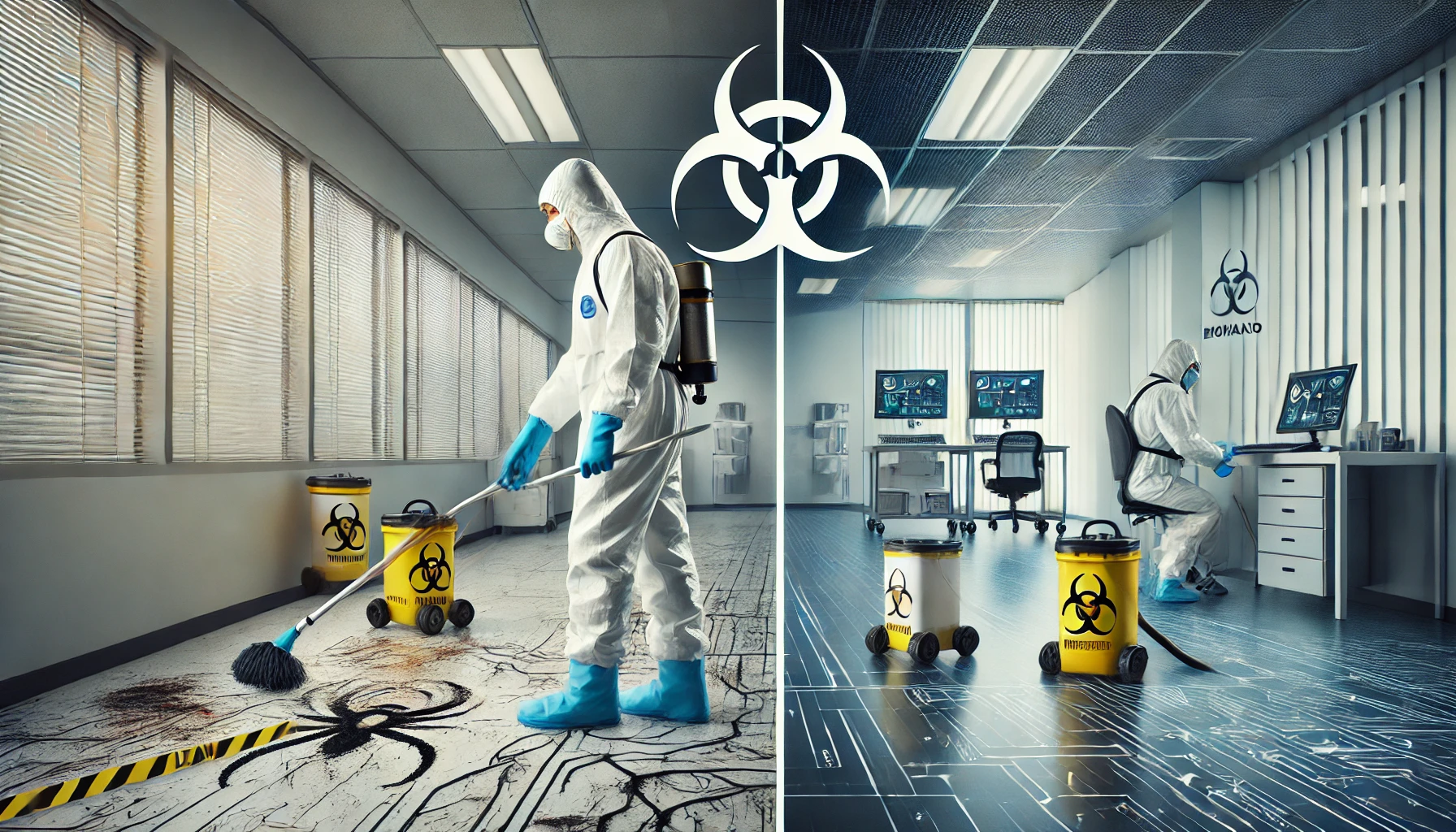 A professional cleanup crew in full protective suits, gloves, and masks working in a controlled environment. The image is split into two sections: one side shows a contaminated area with biohazard waste, while the other side is a fully cleaned, safe space. A subtle biohazard symbol is in the background to reinforce the theme. The setting is clean, professional, and well-lit to convey trust and efficiency.