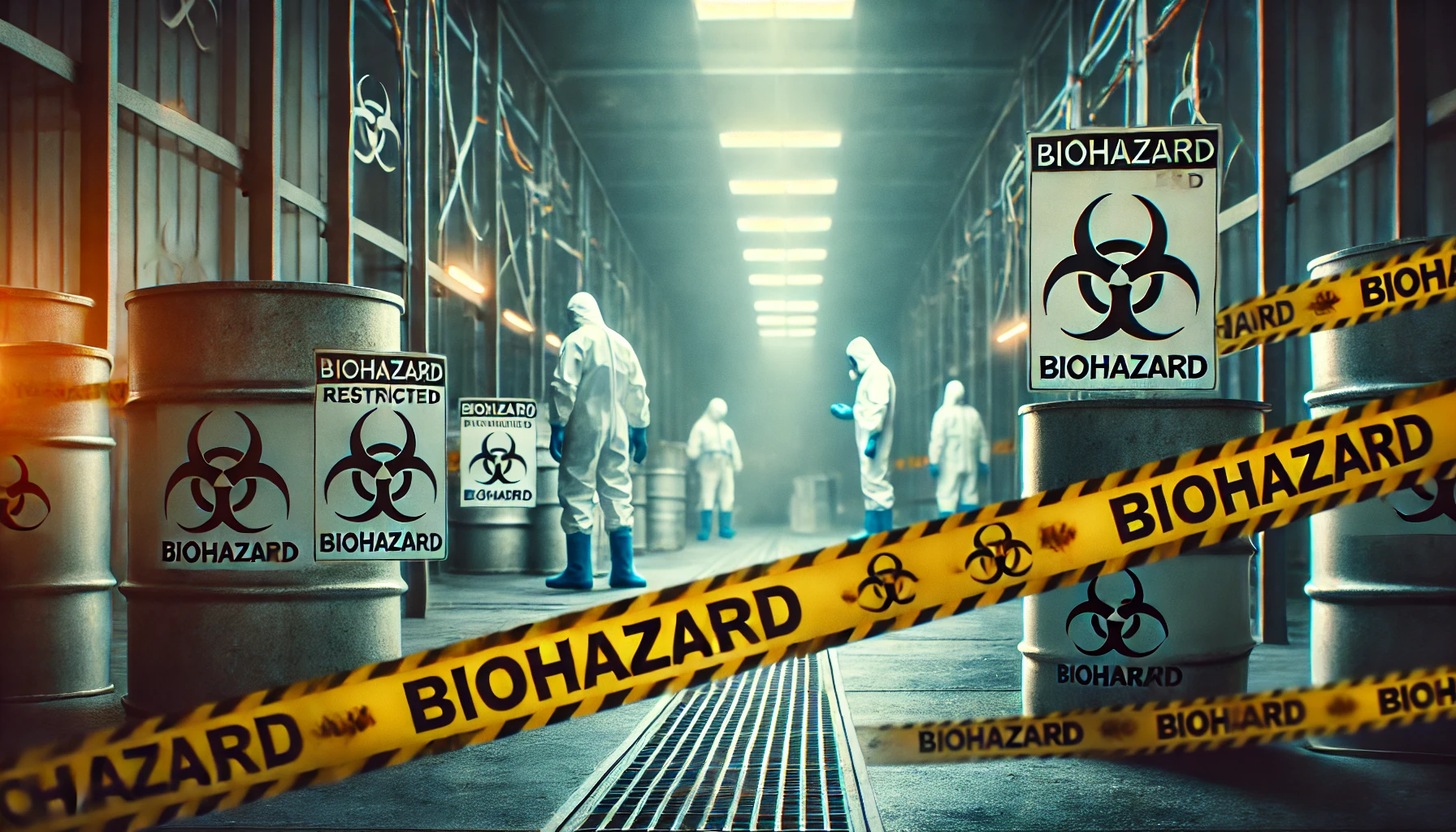 A scene showing a restricted area with 'BIOHAZARD warning tape and signs. The environment appears hazardous, with a sense of danger and caution.