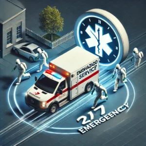 An emergency response scene for a biohazard cleanup service. A team of professionals in protective suits is quickly arriving at a location in a marked response vehicle. A large clock icon with '24/7 Emergency Service' is displayed in the corner to emphasize urgency. The scene conveys speed, professionalism, and reliability.