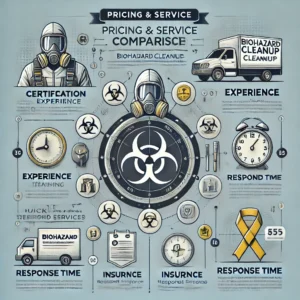 A professional pricing and service comparison infographic for biohazard cleanup. The image features a clear, structured table comparing key factors like certification, experience, training, insurance, pricing, response time, and services. Icons representing each category (e.g., a shield for safety, a clock for quick response, a checklist for certifications) are used for visual clarity. The design is clean, modern, and easy to read.