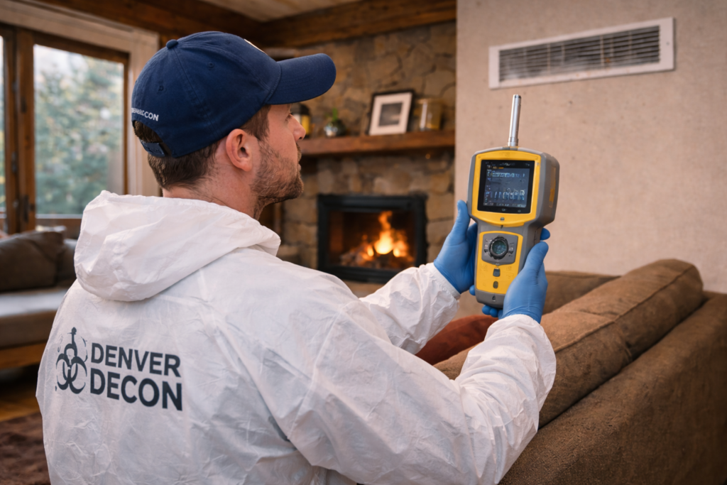 Denver Decon technician wearing protective gear uses a handheld air quality testing device to measure indoor air conditions in a residential living room after a biohazard cleanup.