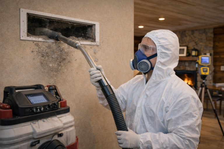Professional HVAC technician in protective gear cleaning contaminated air duct with HEPA vacuum after a biohazard event, demonstrating indoor air quality remediation and duct decontamination.