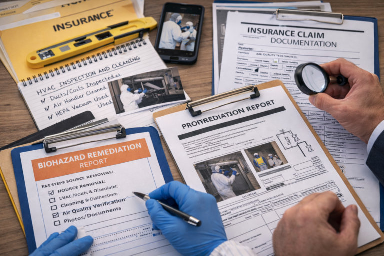 Insurance-focused biohazard remediation documentation process showing HVAC evaluation and verification steps for claim compliance
