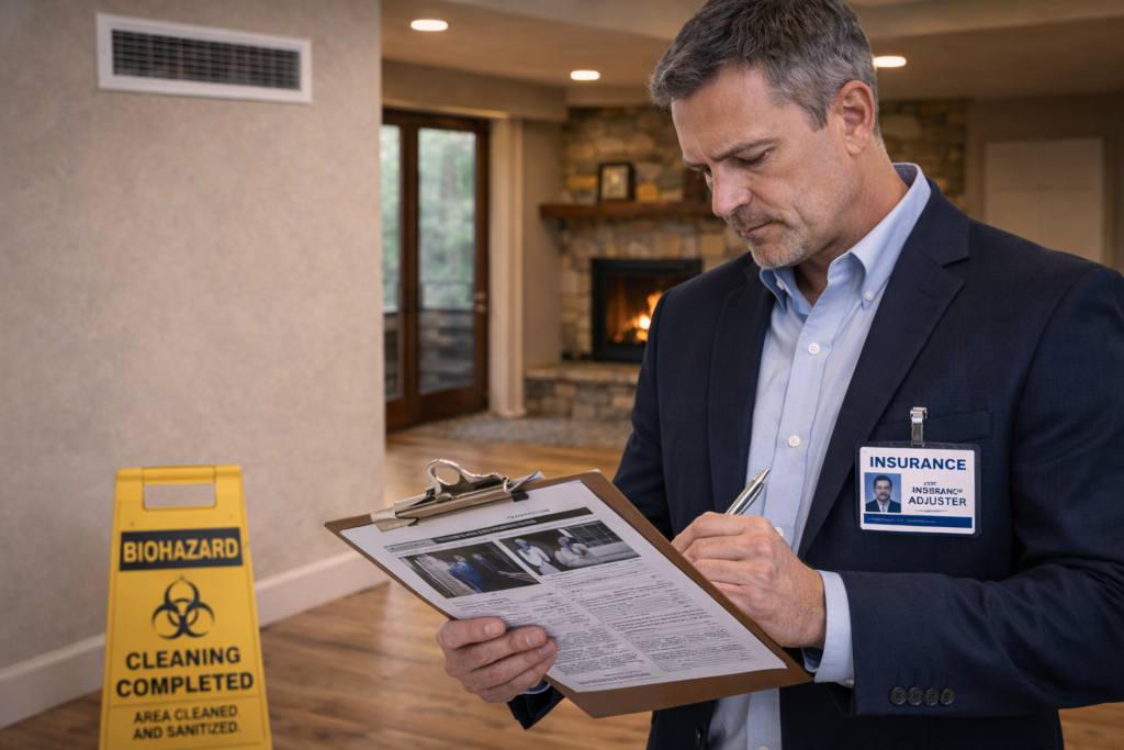 Insurance adjuster reviews remediation paperwork on site in a fully cleaned and sanitized living area, documenting biohazard cleanup completion and HVAC verification for insurance claim approval