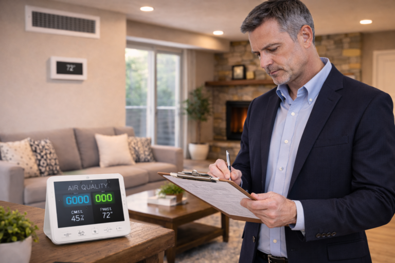 Facility manager holds a clipboard in one hand and writes with a pen while reviewing post-remediation inspection details in a clean living room with visible HVAC vent and air quality monitor showing good indoor air conditions.