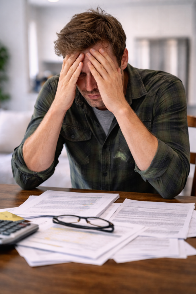 Homeowner looks at a pile of paperwork as clearance testing depends all on proper timing and it can be done incorrectly and cost time and money.