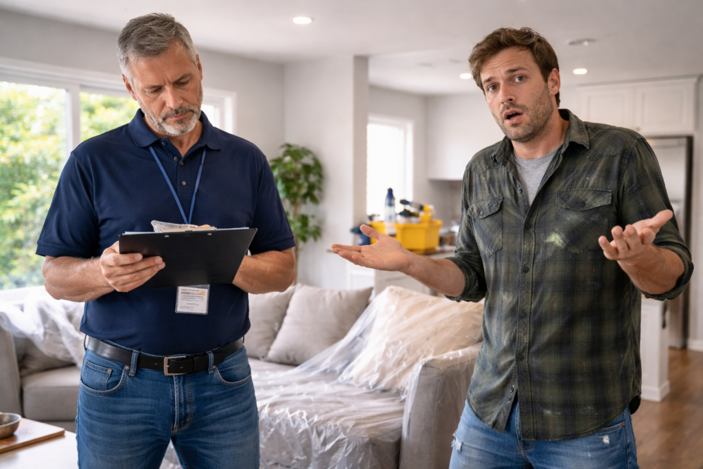 Home inspector shaking his head while reviewing a clipboard as a DIY homeowner gestures in frustration inside a staged living room during a pre-sale inspection.
