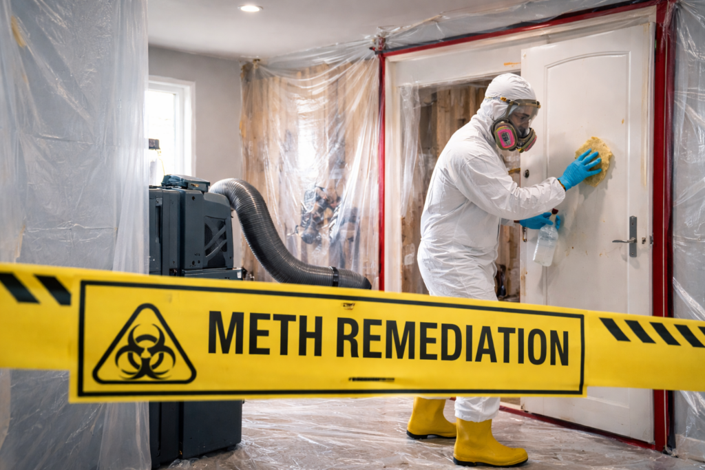 Certified meth remediation professional conducting controlled surface decontamination inside a residential property prior to independent clearance testing.