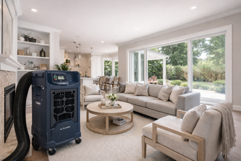 State-of-the-art air scrubber operating inside a clean, modern living room after professional meth remediation, supporting indoor air quality in a show-ready home