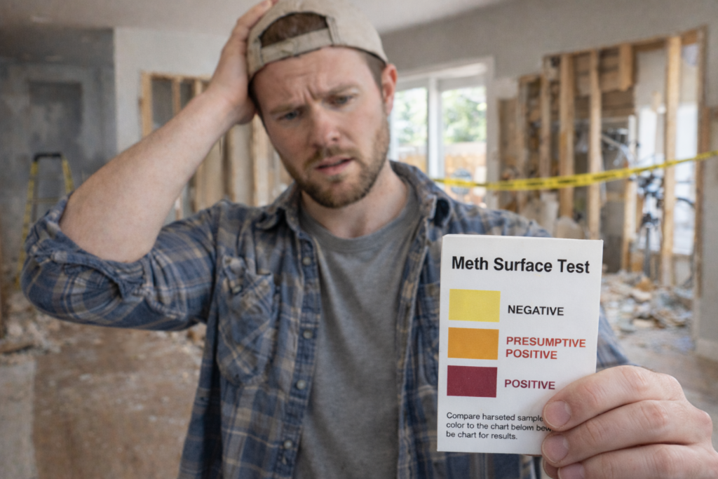 DIY home flipper in a partially renovated house looking concerned while holding a meth surface test color chart showing a positive result during property renovation.