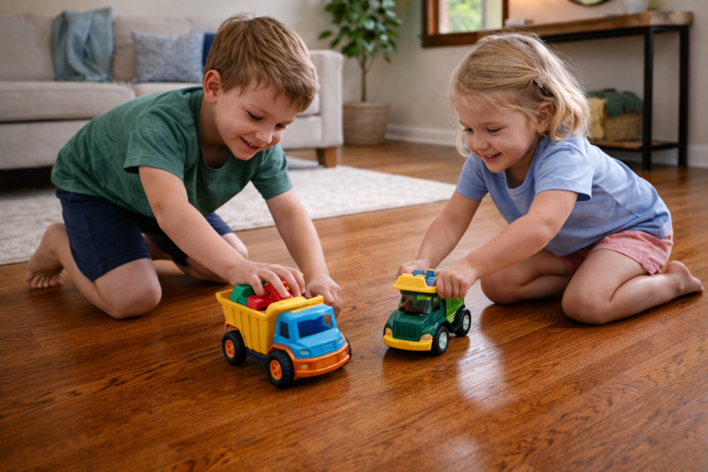Children playing with toy trucks on a hardwood floor with bare skin contact, illustrating how kids can be exposed to contaminants like meth residue through surfaces and household dust.