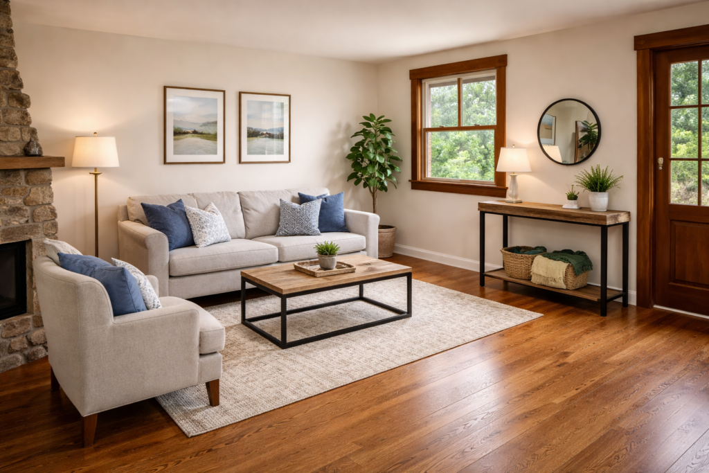 Renovated and staged living room in a previously distressed home, showing clean walls, hardwood floors, and modern furniture prepared for a real estate listing.
