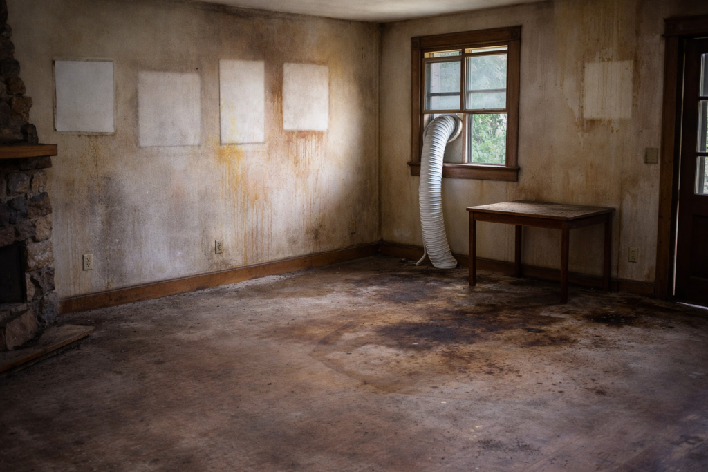 Abandoned home interior showing chemical stains, dusty floors, ventilation tubing through a window, and wall marks where pictures once hung, suggesting possible meth contamination.