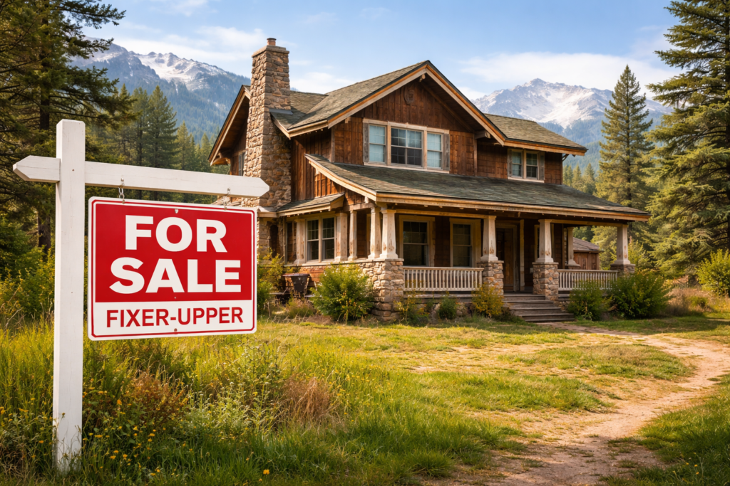 Colorado fixer-upper house with a “For Sale” sign in the yard, representing a property buyers may inspect for potential meth contamination.