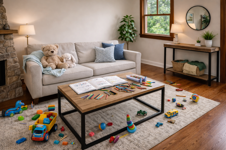 Family living room with children's toys on the floor, coloring books and crayons on the coffee table, and stuffed animals on the couch illustrating a typical home environment where meth residue contamination could expose children.