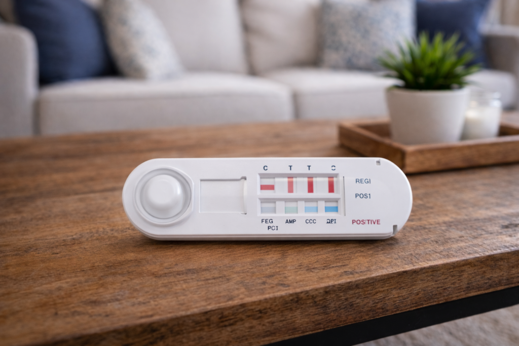 Close-up of a multi-panel home drug residue test kit used to detect meth contamination in homes before real estate transactions.