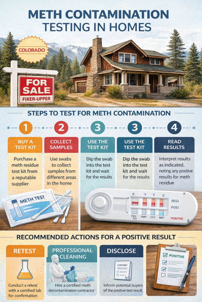 Infographic showing the process of meth contamination testing in homes, including using a test kit, collecting samples, interpreting results, and next steps after a positive meth test.