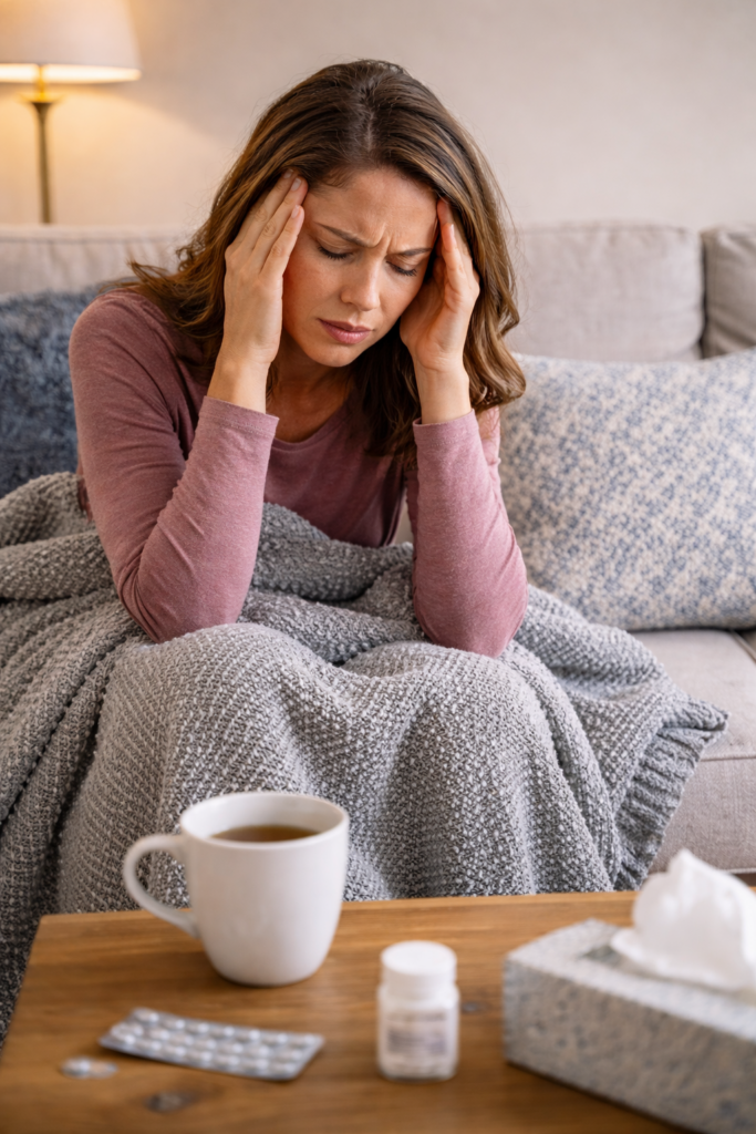 Woman wrapped in a blanket on a couch holding her head with a headache, with tea and medicine nearby, illustrating common symptoms such as headaches that can occur from environmental toxin exposure like meth residue.