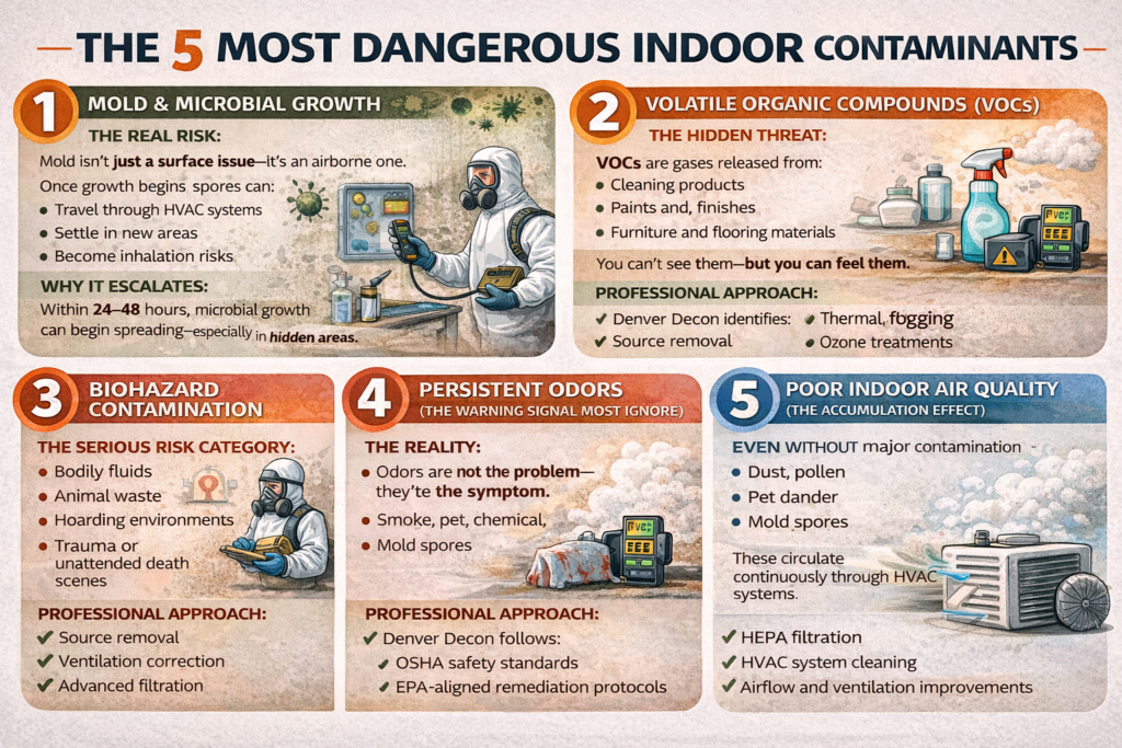 Landscape infographic showing five indoor contaminants—mold, VOCs, biohazards, odors, and poor air quality—with risks and professional remediation solutions