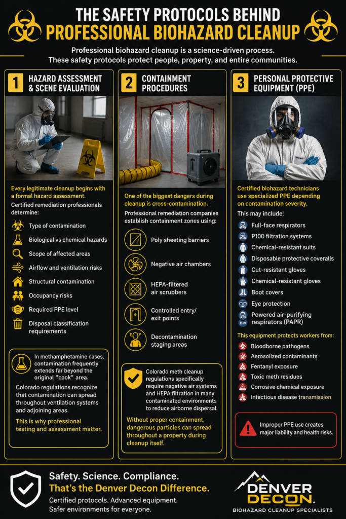 infograph showing the safety protocols for biohazard clean up.