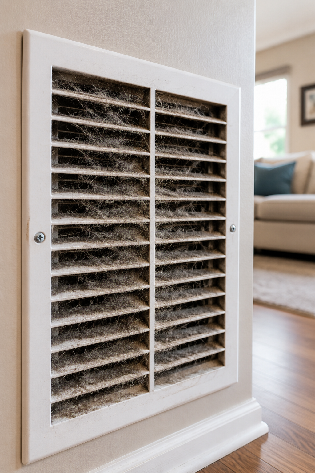Pet hair and dander accumulating inside a residential HVAC return vent.