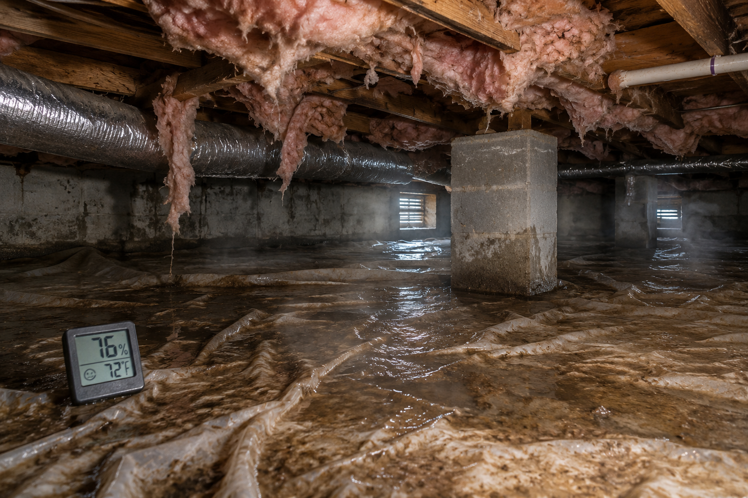 image of wet crawl space under a Colorado home that has high humidity.