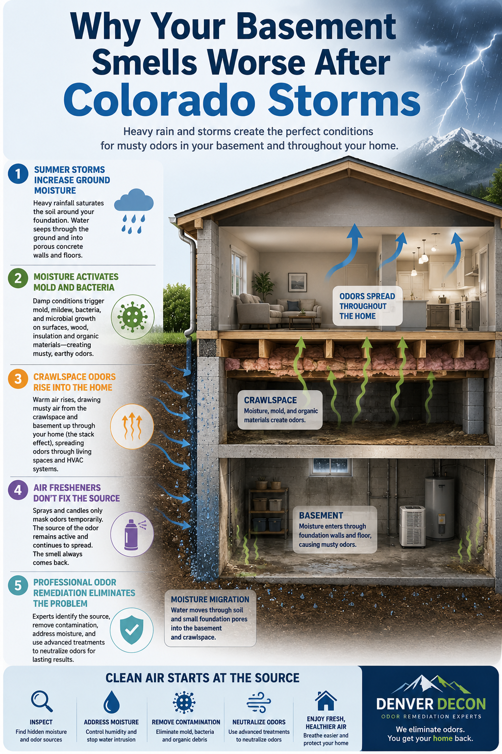 Infograph showing why Why Your Basement Smells Worse After Colorado Storms