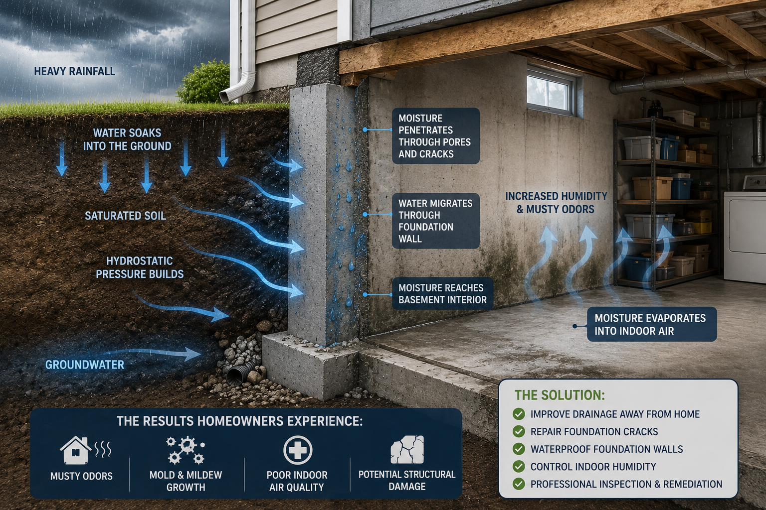moisture entering basement walls after a heavy Colorado rainfall.