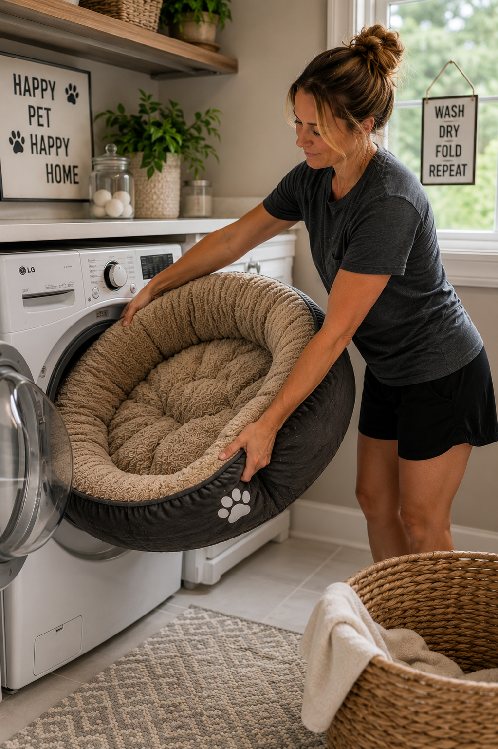 Woman washing dog bedding in her front load washer. 
