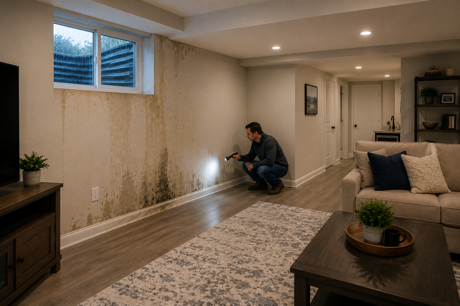 Colorado homeowner checks for water damage after a heavy rainstorm
