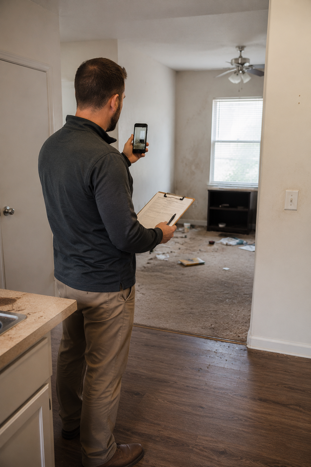 Landlord documenting an apartment after a tenant left.