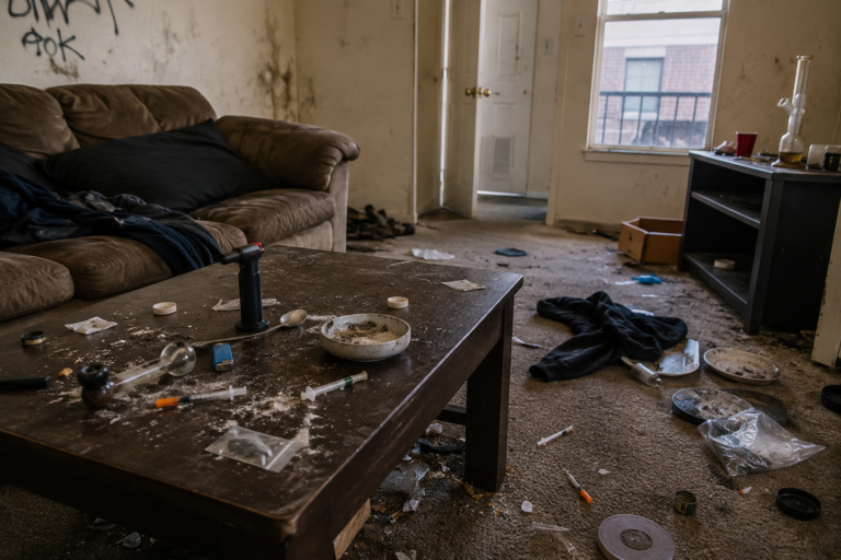 image depicting a rental with drug paraphernalia left behind.