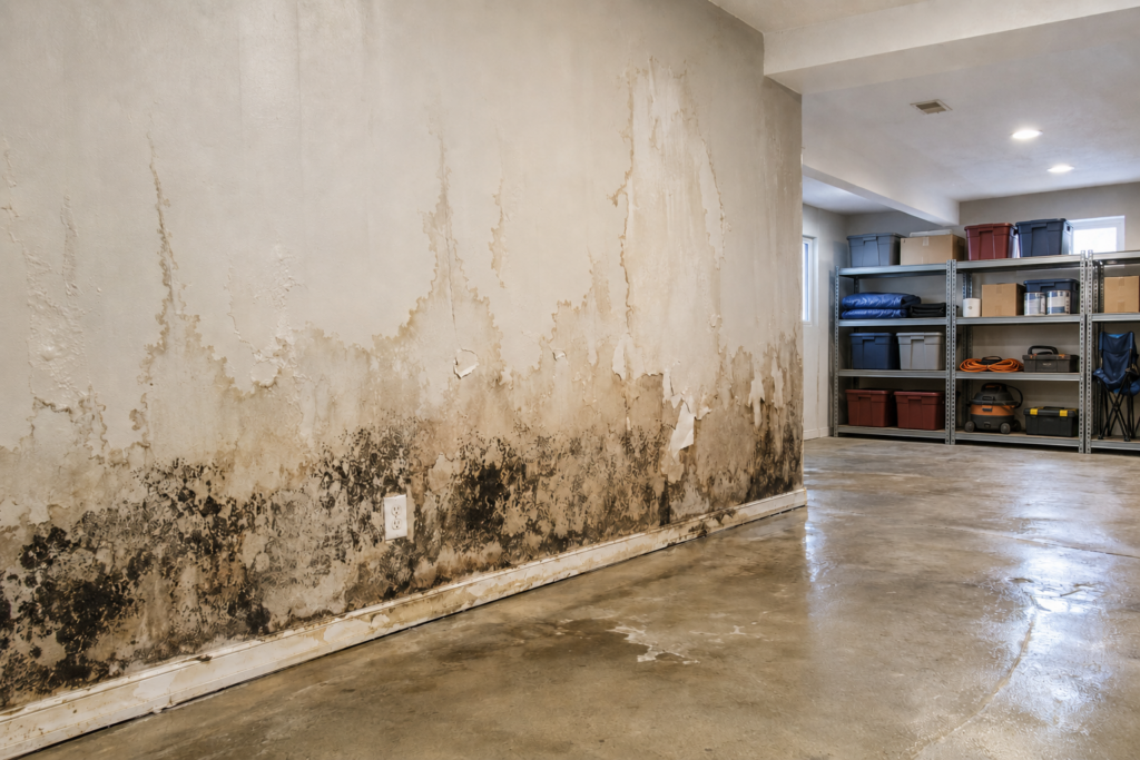 Finished basement with water damage and shelving units with storage