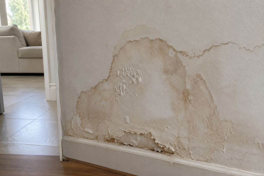 water-stained drywall outside an otherwise nice living room