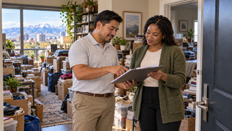Denver remediation specialist and property manager assessing safety in a cluttered apartment