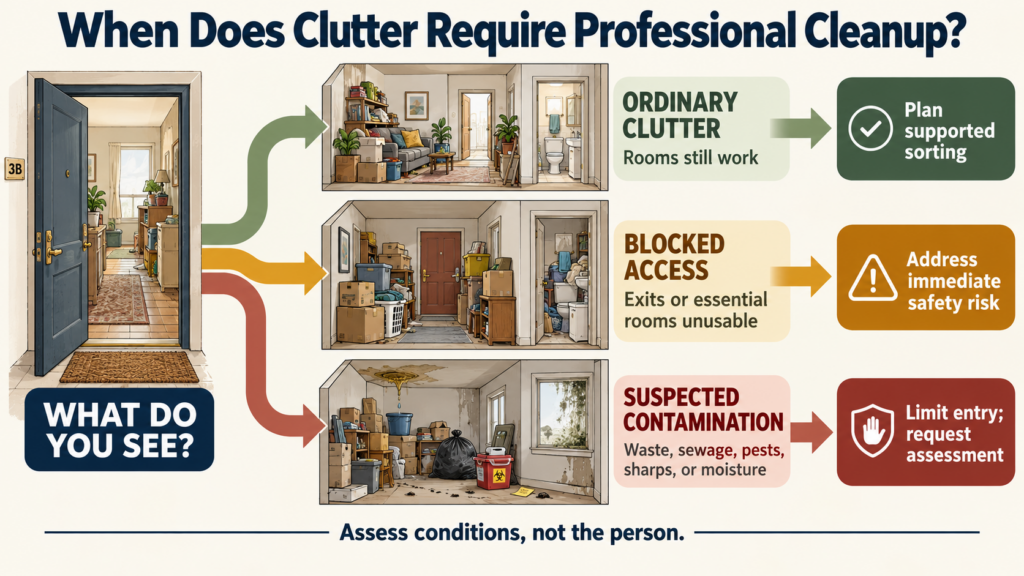 Horizontal decision guide titled “When Does Clutter Require Professional Cleanup?” Three routes: ordinary clutter and working rooms; blocked exits or unusable essential spaces; waste, sewage, pests, sharps, or moisture contamination. End each route with the appropriate first action. Use restrained colors, accessible type, and no diagnostic labels for residents