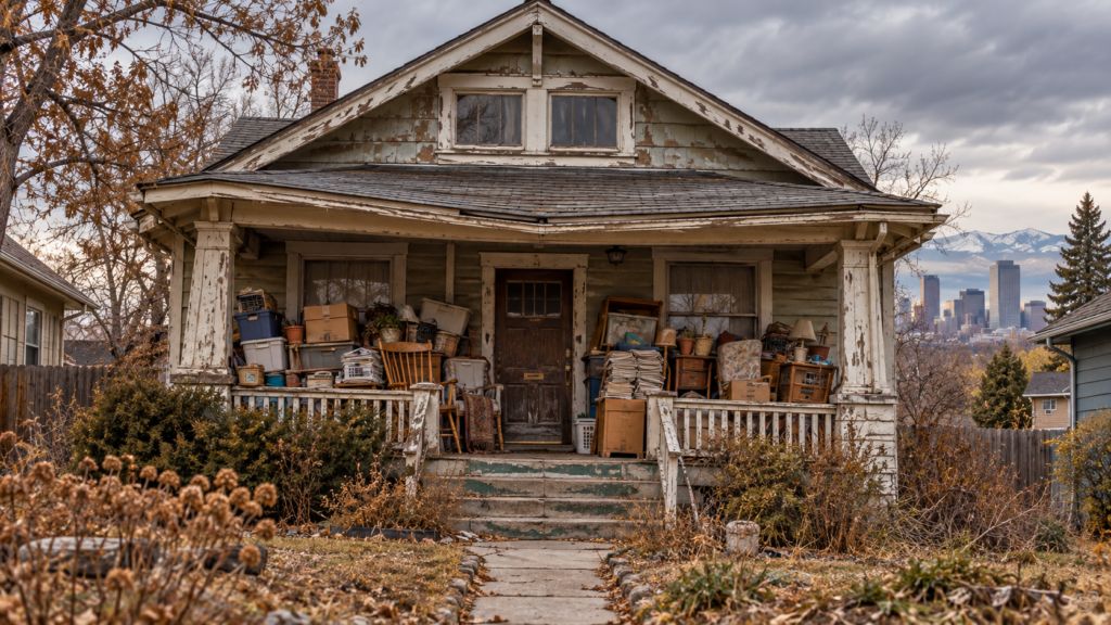 sad looking run down hoarder house