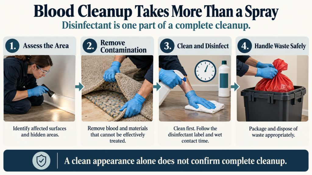 Four parts of thorough blood cleanup: assess the area, remove contamination, clean and disinfect, and handle waste safely