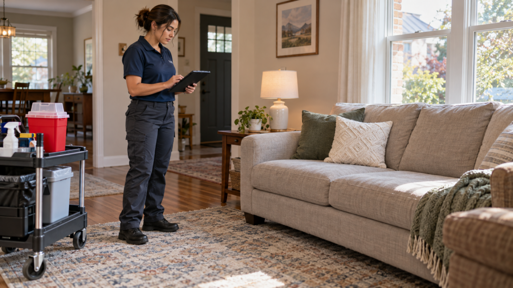 Cleanup professional documents the floor and furniture area included in a residential sharps assessment