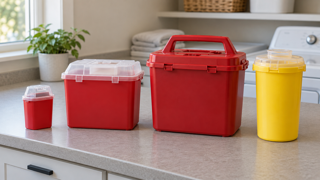 Four sharps disposal containers in different sizes, including three red containers and one yellow container, arranged upright on a countertop