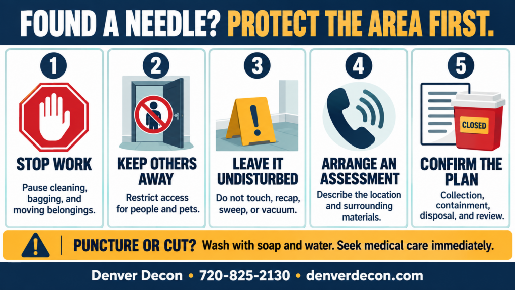 Five steps after finding a needle: stop work, keep people and pets away, leave it undisturbed, arrange an assessment, and confirm the removal plan. For a puncture or cut, wash with soap and water and seek medical care immediately