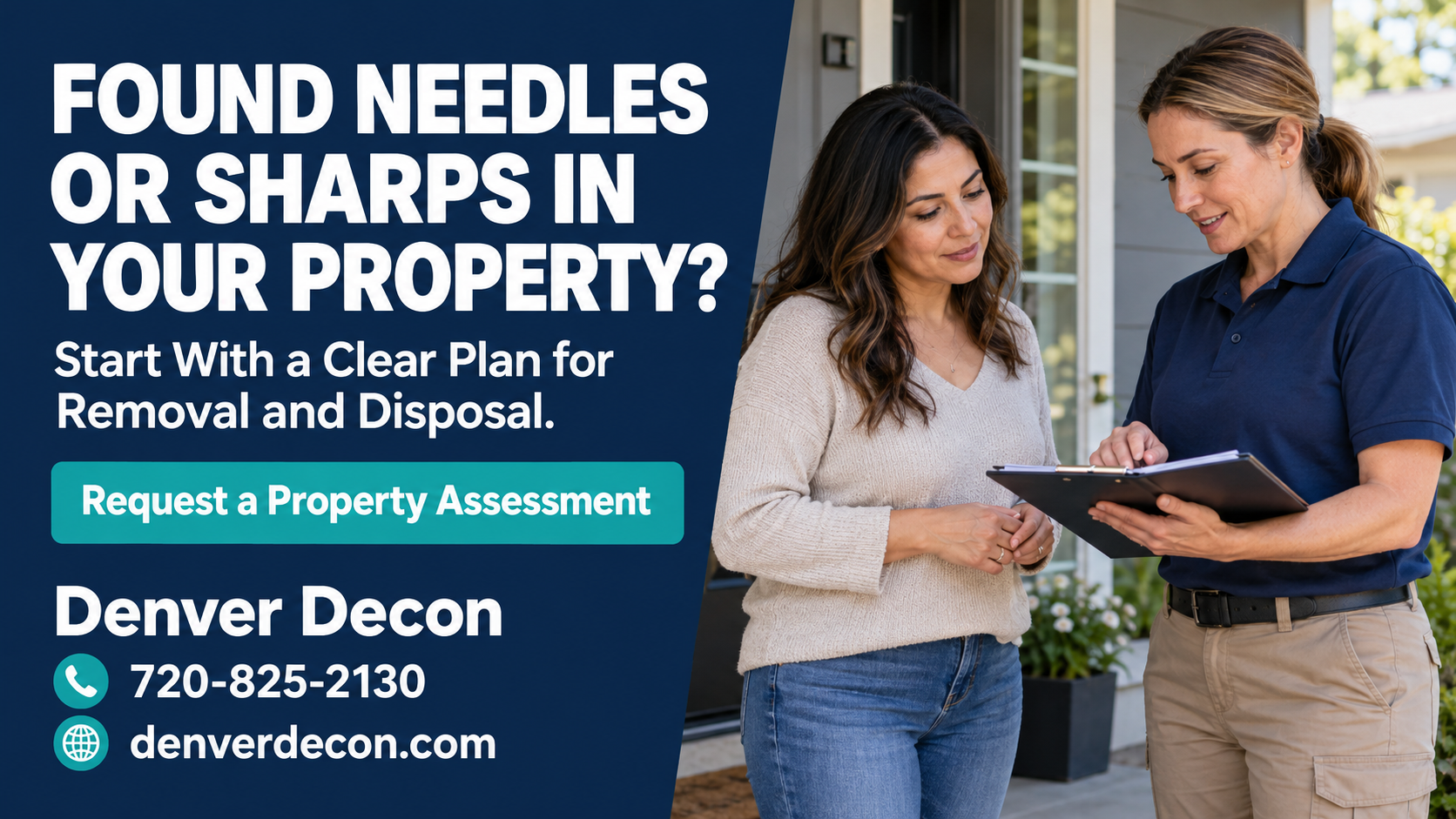 Request a Denver Decon property assessment for needles and sharps concerns; call 720-825-2130
