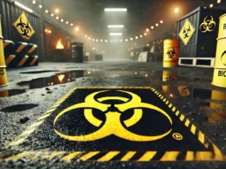 A bold biohazard symbol in black and yellow, placed prominently on a slightly blurred background depicting a hazardous environment.