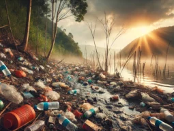 A polluted landscape with scattered waste, including industrial and plastic debris, near a contaminated water body. The environment looks damaged, with dead plants and a hazy sky, symbolizing the impact of pollution on nature. The image conveys environmental degradation due to improper waste disposal.